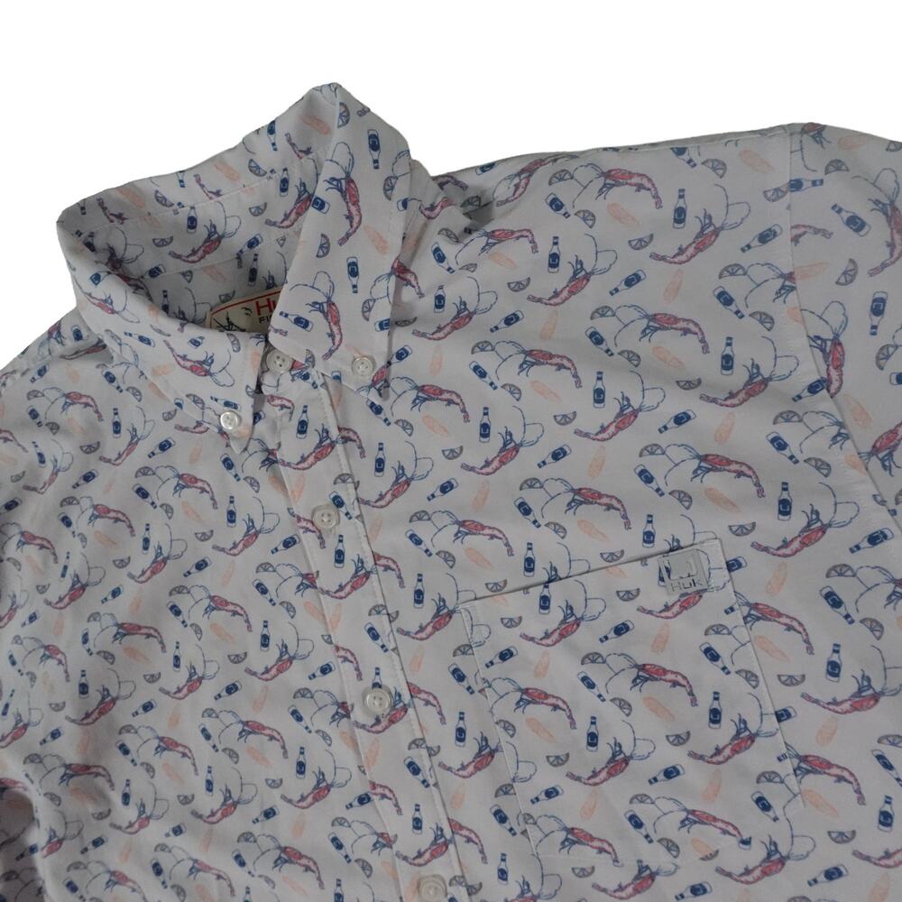 HUK Fishing Performance Shrimp Boil Beer Pattern Button Up Shirt Men's Medium